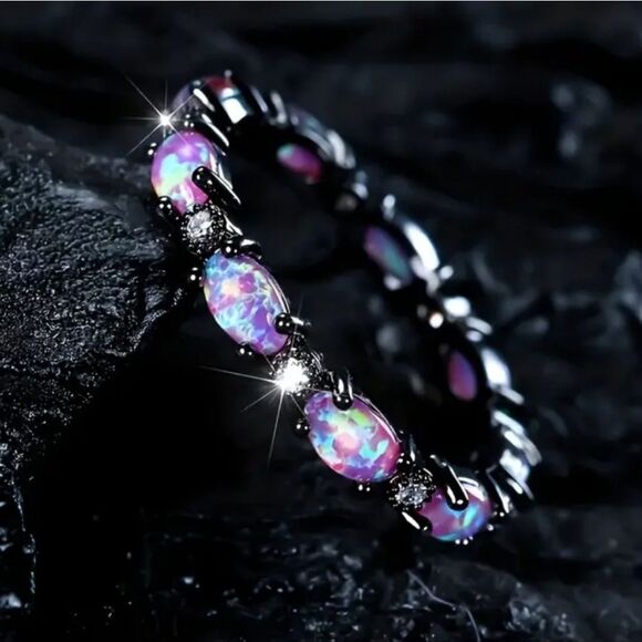 Iridescent Opal Ring with Black Band Sz 9 - Picture 3 of 9